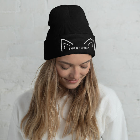 Ear Tip Cuffed Beanie White Stitch