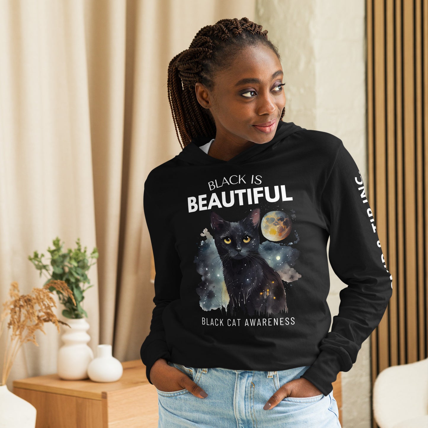 BLACK CAT - Dark Colored Hooded long-sleeve tee